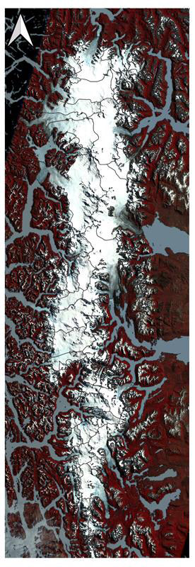 Imagen satelital Landsat del Campo de Hielo Sur (13.000 km2). Los Campos de Hielo Patagónicos constituyen las mayores masas de hielo del hemisferio sur fuera de la Antártida.